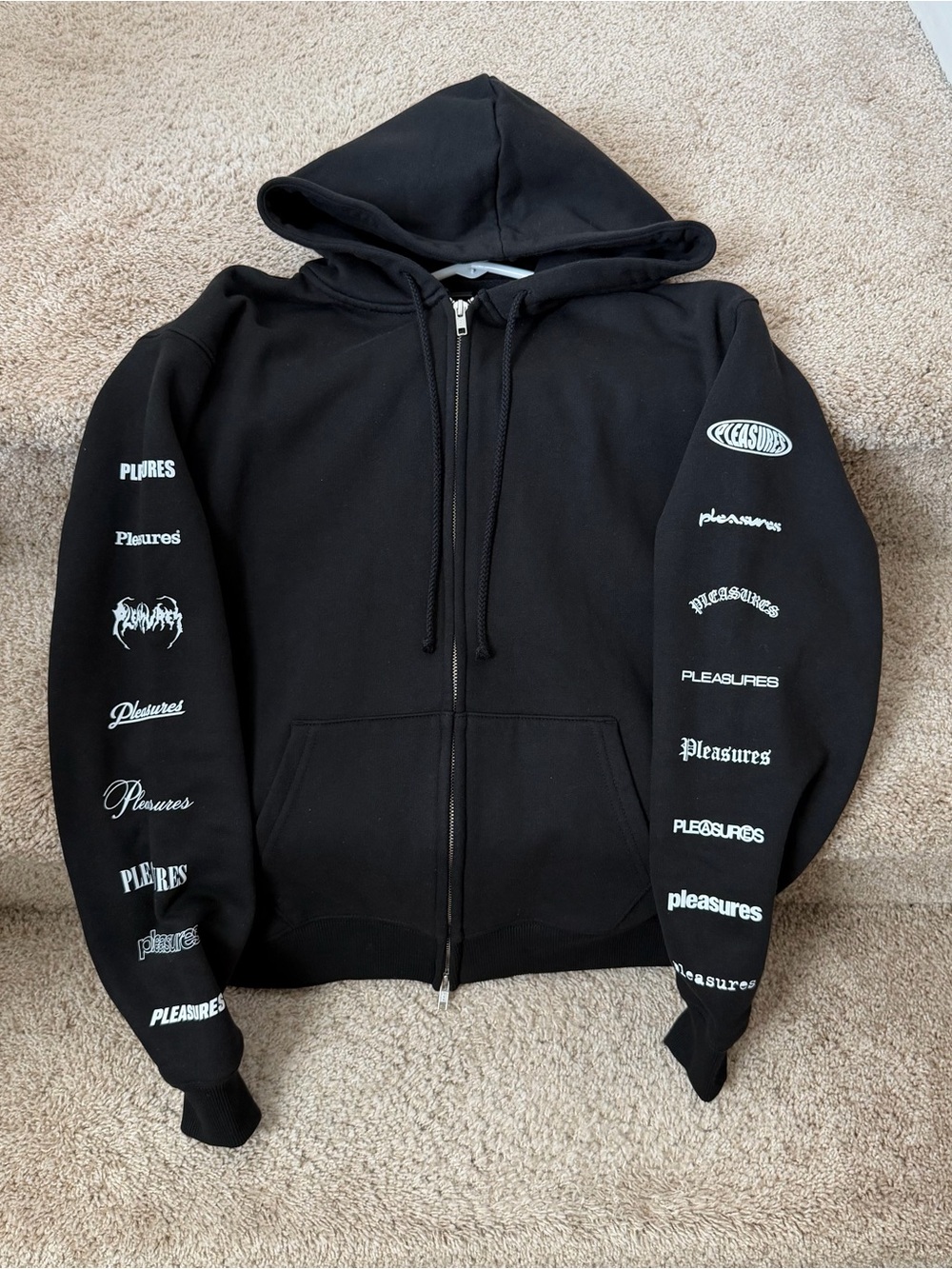 Pleasures Black Zip-Up All Over Logo Hooded Sweatshirt (NEW)